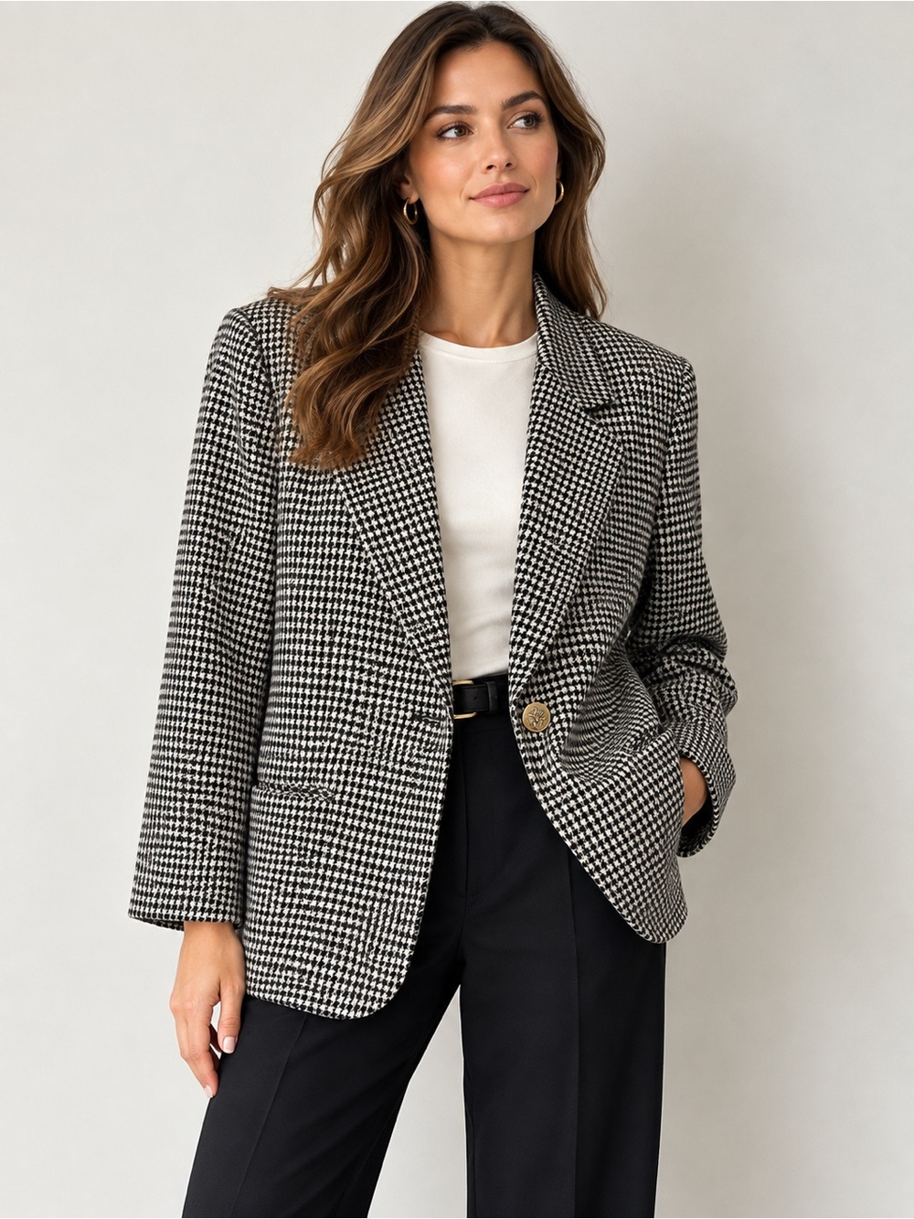 Vintage Sag Harbor Houndstooth Wool Blend Blazer Size 16 Gold Crest Button